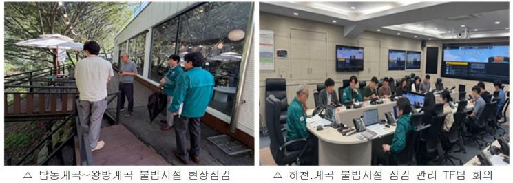탑동계곡~왕방계곡 불법시설 현장점검(왼쪽)과 하천 계곡 불법시설 점검 관리 TF팀 회의. 동두천시 제공