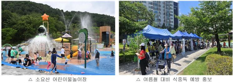 소요산 어린이물놀이장(왼쪽)과 여름철 대비 식중독 예방 홍보. 동두천시 제공
