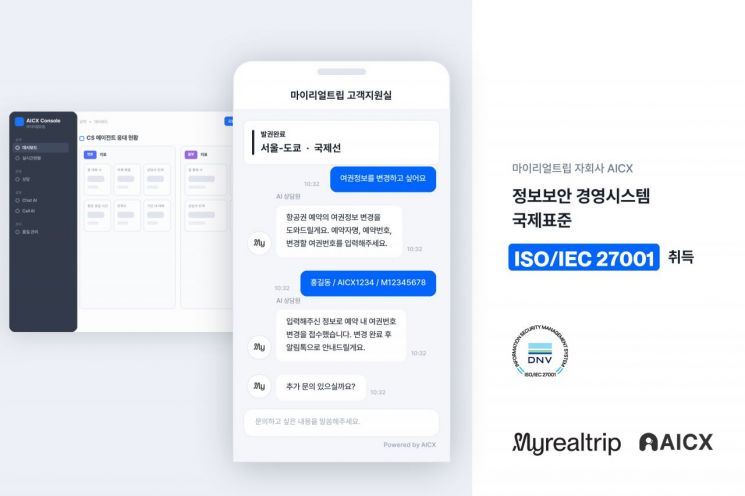 마이리얼트립은 고객 경험(CX) 전문 자회사 에이아이씨엑스(AICX)가 정보보안 경영시스템 국제표준 'ISO/IEC 27001:2022' 인증을 취득했다. 마이리얼트립