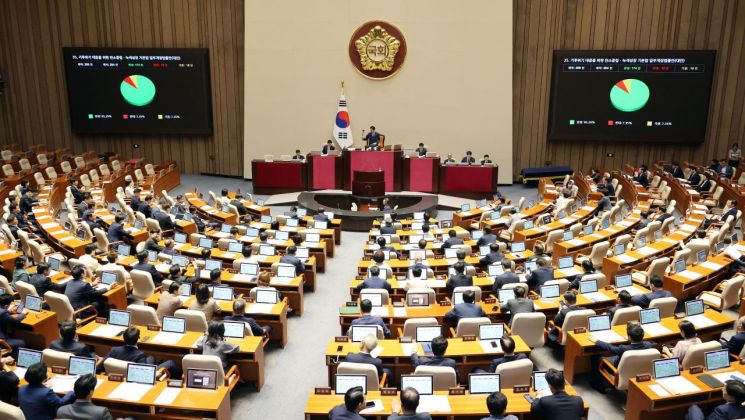 26일 국회에서 열린 본회의에서 기후위기 대응을 위한 탄소중립·녹색성장 기본법 일부개정법률안이 통과되고 있다. 연합뉴스