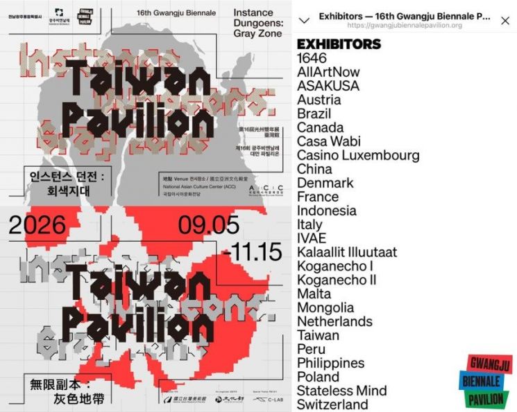 제16회 광주비엔날레 ‘대만 파빌리온(Taiwan Pavilion)’ 홍보물(왼쪽)과 파빌리온 공식 홈페이지 참가자 명단. 명칭 논란 끝에 재단은 ‘Taiwan Pavilion’ 사용을 승인했고, 홈페이지에도 ‘Taiwan’으로 표기됐다. 대만 문화부