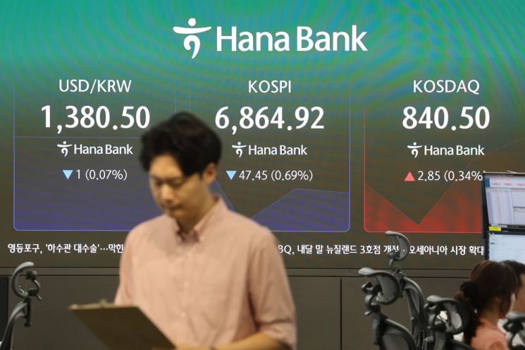 코스피가 하락 출발한 28일 서울 중구 하나은행 딜링룸에서 직원들이 업무를 보고 있다. 연합뉴스