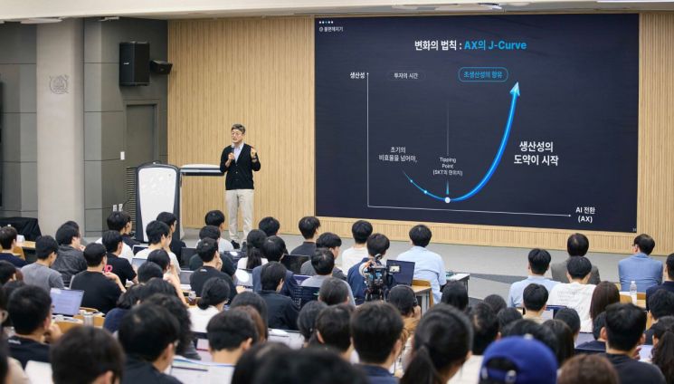 지난 1일 정재헌 SKT 대표가 서울대에서 'AI시대 선택과 기회'를 주제로 강연을 진행하고 있다. SK텔레콤.