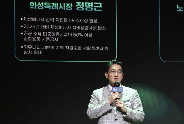 윤성진 화성특례시 제1부시장이 2일 지역전환을 위한 기후행동 공동결의에서 화성특례시의 기후행동 실천 목표에 대해 발언하고 있다. 화성시 제공