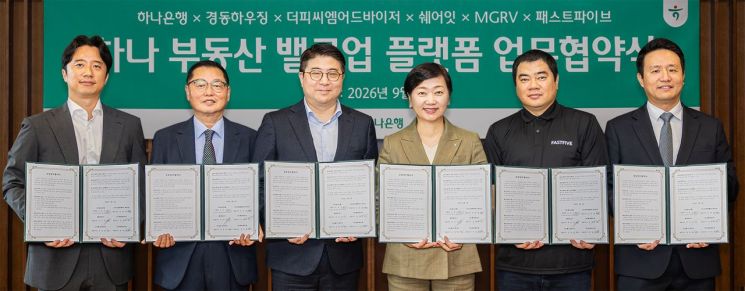 On the morning of the 2nd, at the strategic partnership business agreement ceremony held at Hana Bank headquarters in Euljiro, Seoul, Eunjeong Lee, Head of WM Division at Hana Bank (fourth from the left), along with key representatives of five companies, took a commemorative photo. (From left) Sangjun Park, CEO of Shareit; Daemyung Kim, CEO of The PCM Advisor; Gangtae Jo, CEO of MGRV; Eunjeong Lee, Head of Division; Da-il Kim, CEO of Fast Five; Seungwon Yang, CEO of Kyungdong Housing. Provided by Hana Bank