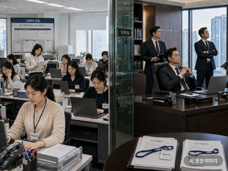 기업에서 남성과 여성의 정규직 비중과 고용 안정성 측면에서 차이가 난다는 현실을 챗GPT가 묘사한 이미지. 챗GPT