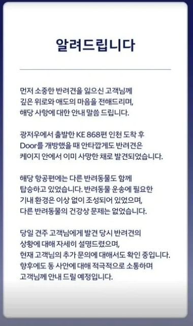 대한항공은 7일 공식 SNS를 통해 입장을 밝혔다. 대한항공은 "소중한 반려견을 잃으신 고객님께 깊은 위로와 애도의 마음을 전한다"며 "광저우에서 출발한 KE868편이 인천에 도착한 뒤 문을 개방했을 때 안타깝게도 반려견은 케이지 안에서 이미 사망한 채 발견됐다"고 설명했다. 대한항공 인스타그램