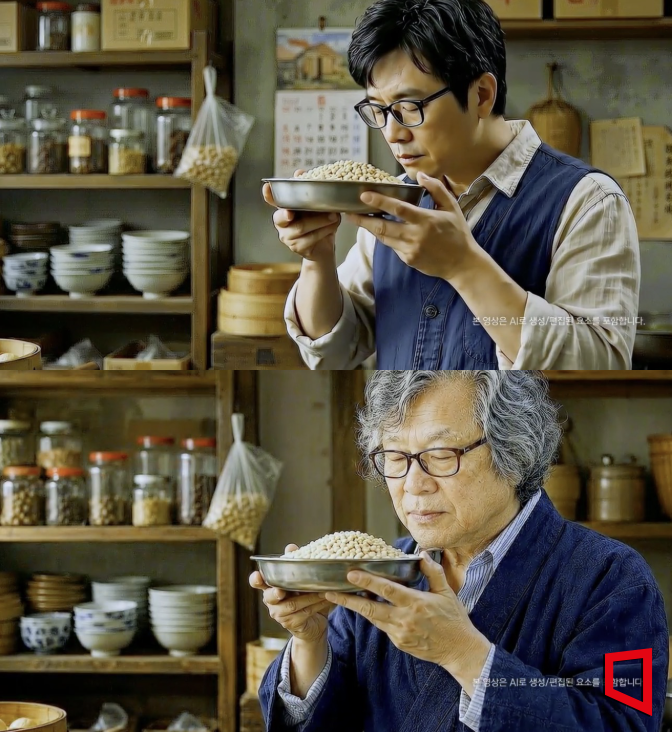 공영홈쇼핑이 제작한 김규흔 한과명인의 성장 스토리와 브랜드 히스토리를 AI로 구현한 AI 숏드라마 캡처. 실제 방송에는 하단에 'AI 생성'이라는 표시가 포함된다. 공영홈쇼핑