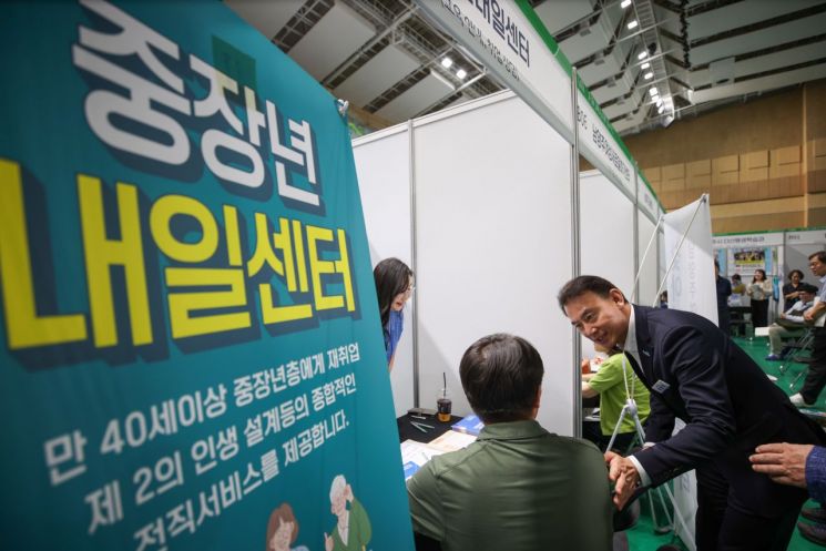 최현덕 시장이 ‘2026 모두의 일자리 채용박람회’ 중장년 내일센터 부스를 둘러보고 있다. 남양주시 제공