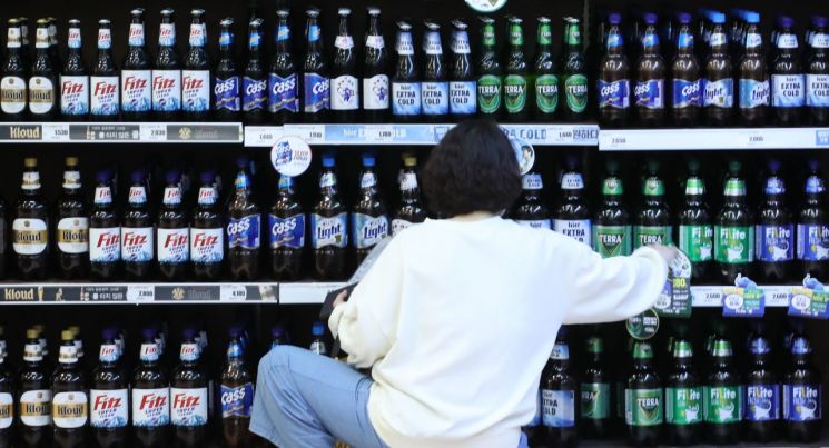 서울 시내 한 대형마트 주류 코너에 대용량 페트 맥주가 진열돼 있다. 연합뉴스