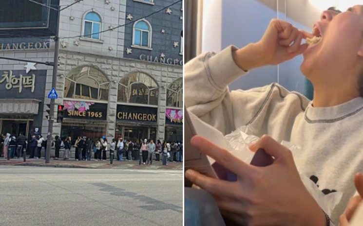 창억떡을 먹기 위해 길게 늘어선 줄.(왼쪽),  유튜브 채널 '하말넘많'에서 창억떡의 호박인절미를 먹고 있는 모습. SNS·유튜브 영상 캡처