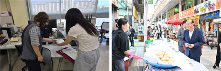 추석 명절 가격표시제 실태 점검(왼쪽)과 박형덕 동두천시장, 전통시장 방문. 동두천시 제공