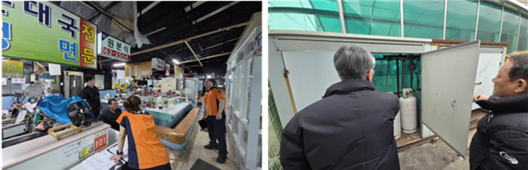 동두천시 안전관리자문단 전통시장 안전관리상태 점검(왼쪽)과 동두천시 안전관리자문단 전통시장 안전관리상태 점검. 동두천시 제공