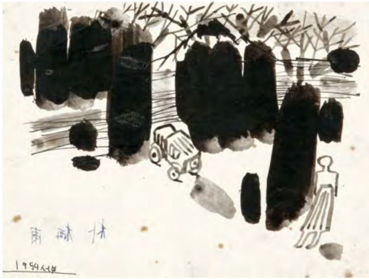 박서보, '무제', 1959. 종이에 수묵, 19.5×25.5㎝. 청년 시절 박서보의 조형 감각을 엿볼 수 있는 신문 삽화로, 207점 규모 화첩에 포함됐다. 케이옥션