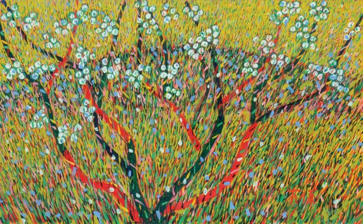 이대원, '농원(배꽃)', 1996. 이대원이 1973년부터 경기 파주 농원에 화실을 마련해 30여년간 그려온 농원 연작 가운데 하나로, 원색의 점을 독립적으로 쌓아 올린 특유의 화면이 두드러진다. 현재 국립현대미술관 덕수궁관에서 작가의 대규모 회고전이 열리고 있다. 케이옥션