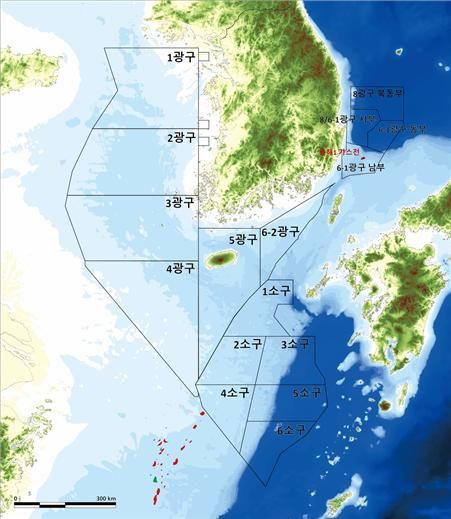 한국석유공사의 국내 대륙붕 광구 현황. 서해 1~4광구와 남해 1~6광구, 동해 6-1광구와 8광구 등이 설정돼 있다. 자료=한국석유공사