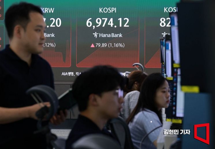 지난 21일 서울 중구 하나은행 본점 딜링룸에서 직원들이 증시와 환율 등을 모니터하고 있다.