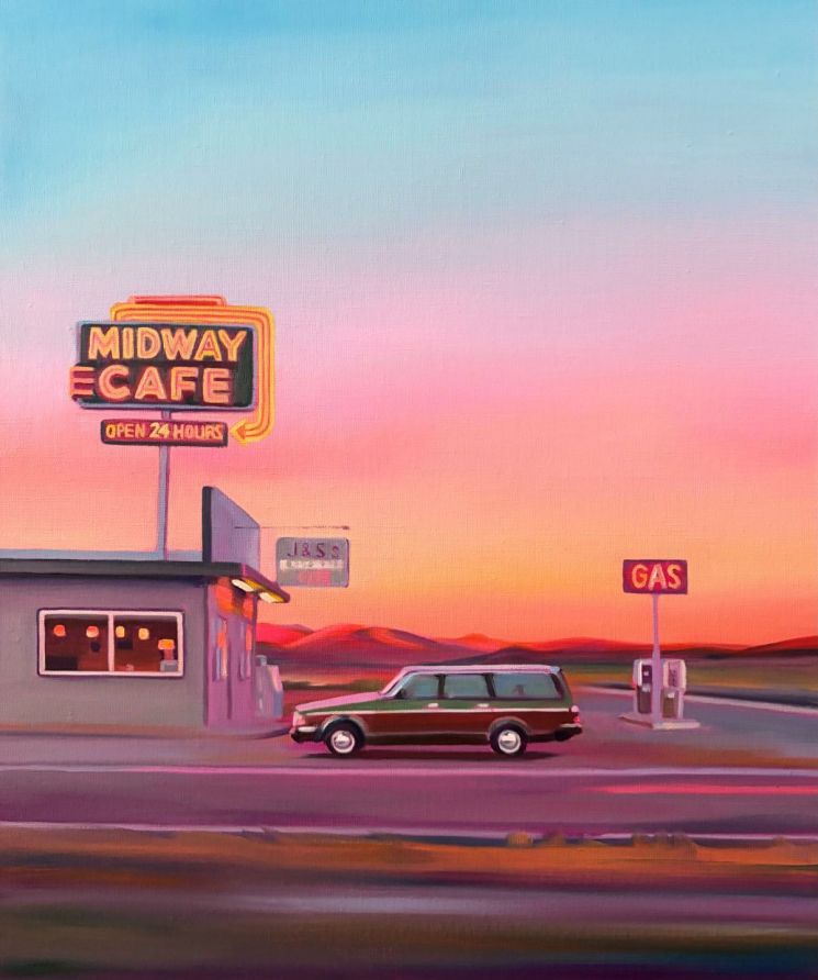 츠즈키 마유미의 ‘Midway Cafe’. 고도성장기 일본에 스며든 미국 문화에 대한 동경과 기억을 네온빛 교외 풍경으로 옮긴 작품이다. 갤러리508