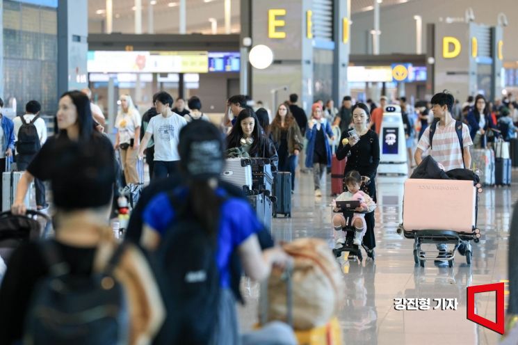 민족 최대 명절 추석 연휴를 하루 앞둔 23일 인천국제공항 제2여객터미널을 찾은 여행객들이 출국장으로 이동하고 있다. 강진형 기자