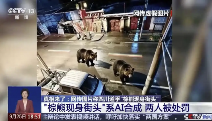 중국 CCTV에서 AI 제작된 불곰 사진 관련 내용을 보도하고 있다. CCTV 갈무리.