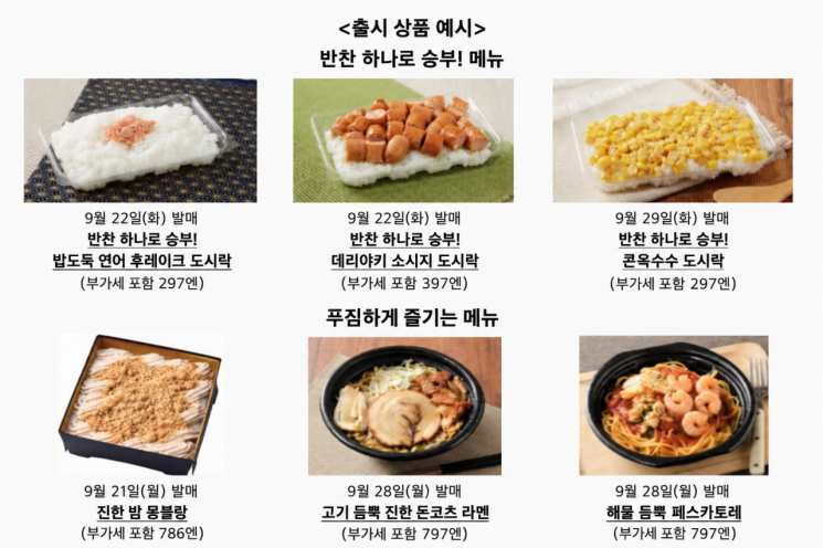 로손이 출시한 발매 상품 상세 설명 번역본. 대표 상품으로는 상단의 도시락 3종(연어, 소시지, 옥수수)이다. 로손 웹사이트