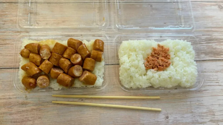 데리야끼 소스에 버무려진 소시지가 올라간 도시락(왼쪽)과 연어 플레이크가 올라간 도시락(오른쪽). Soranews24