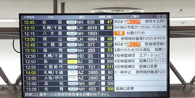 지난달 21일 대형 태풍 두쥐안이 일본 간토지방에 접근하면서 도쿄 하네다공항 전광판에 항공기들의 결항과 지연 안내 표시가 나오고 있다. 교도연합뉴스