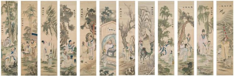 조석진의 ‘인물고실지도’. 중국 고사 속 인물과 일화를 열두 폭에 담았다. 1907년 한 살배기 전형필의 돌사진 뒤 병풍으로 등장했던 작품으로, 적어도 그 이전부터 종로 본가에 있었던 간송가의 초기 소장품이다. 간송미술문화재단