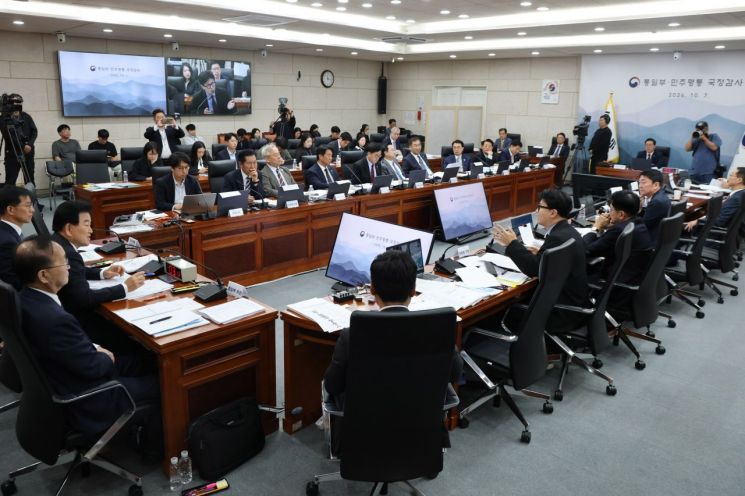 무소속 한동훈 의원이 7일 서울 종로구 남북회담본부에서 열린 외교통일위원회 국정감사에서 정동영 통일부 장관에게 질의하고 있다. 연합뉴스