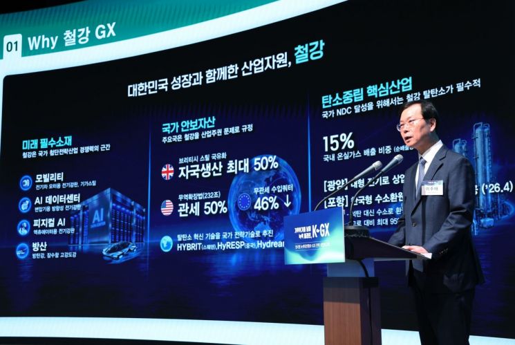 이주태 포스코홀딩스 사장이 7일 서울 한 회의장에서 이재명 대통령 주재로 열린 한국형 녹색대전환(K-GX) 전략 국민보고회에서 발표를 하고 있다. 연합뉴스