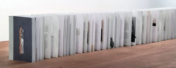 국내 번역 출간된 앤 카슨의 '녹스'를 펼친 모습. 오빠의 죽음을 애도하며 사진과 편지, 기억의 파편을 카툴루스의 시 번역과 엮은 작품으로, 긴 종이를 아코디언처럼 접어 상자에 담은 독특한 형식이 특징이다. 봄날의책
