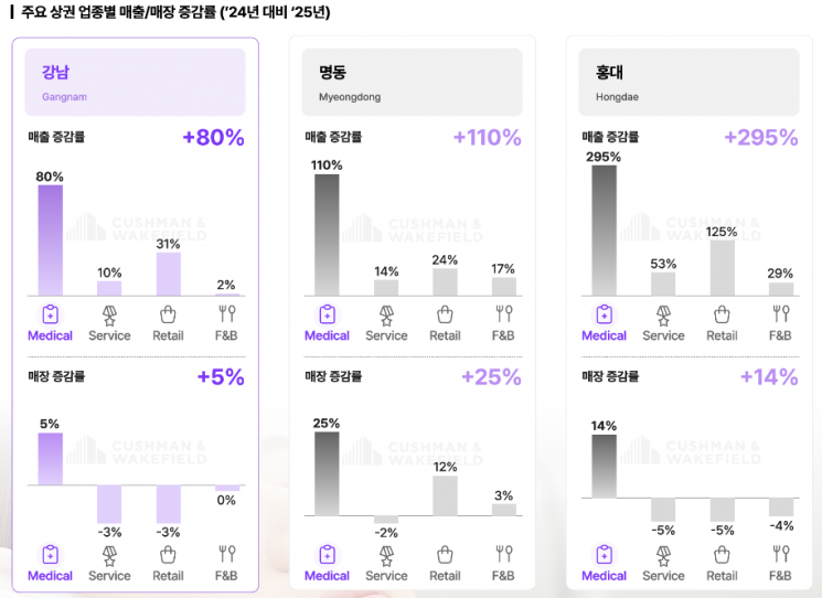 지난해 주요 상권 업종별 매출과 매장 수 전년 대비 증감률. 쿠시먼앤드웨이크필드