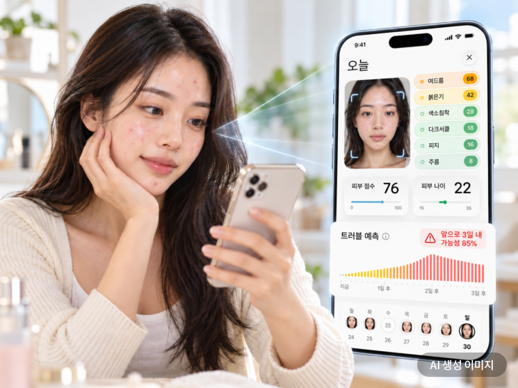 기사의 이해를 돕기 위해 AI로 생성한 이미지. 앱 화면은 실제 서비스가 제공하는 '피부 악화 예측' 기능과 동일함. 챗GPT