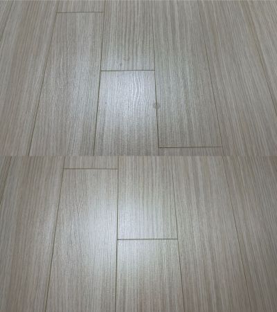 마루 바닥의 물 자국과 얼룩(위)과 '로보락 S10 맥스V 울트라 스팀 청소 후 말끔하게 지워진 모습(아래). 권현지 기자