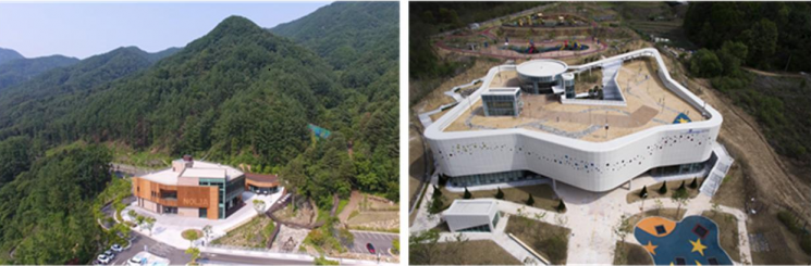 놀자숲 전경(왼쪽)과 경기북부어린이박물관. 동두천시 제공