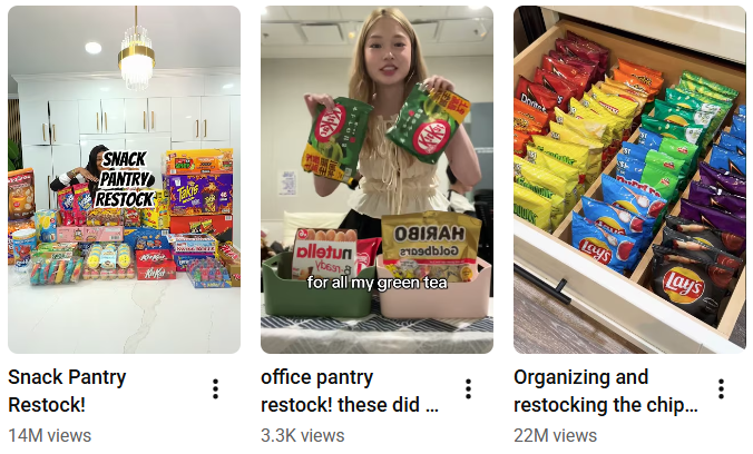 과거 유튜브에 올라온 '팬트리 리스톡(Pantry Restock)' 영상들. 식료품을 대용량으로 한번에 구매해 수납장과 저장 공간을 채우는 모습을 담은 콘텐츠다. 유튜브 갈무리