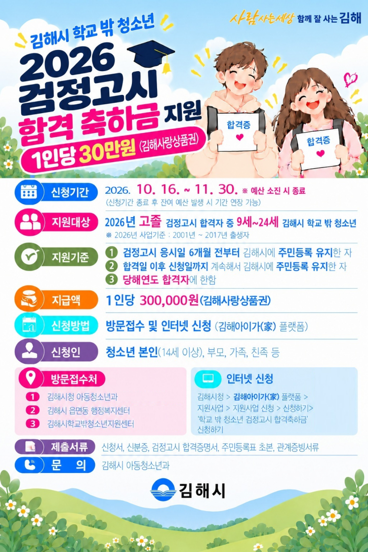 경남 김해시 학교 밖 청소년 고졸 검정고시 합격축하금 지원사업 포스터. [이미지제공=김해시]