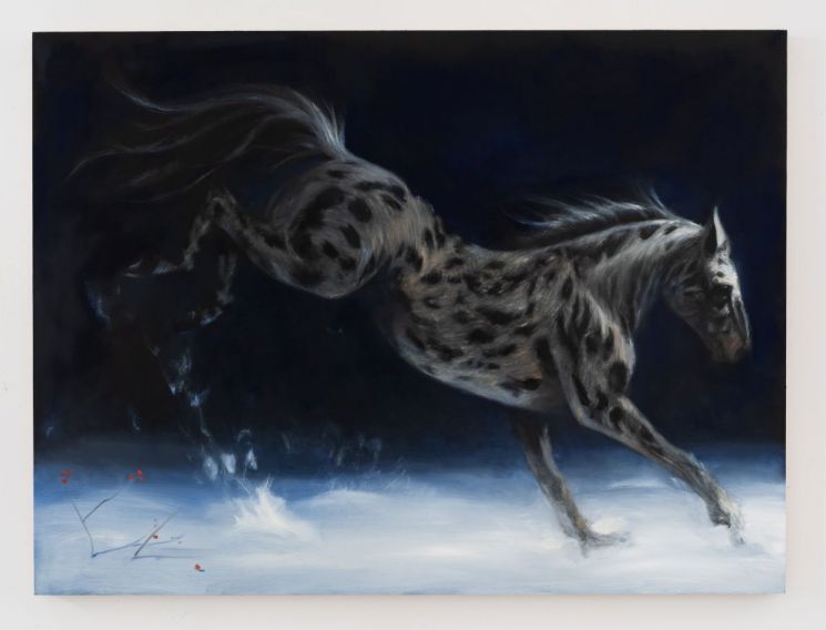 케일럽 한 킨타나의 ‘The Appaloosa’(2026). 달리는 말을 빛과 어둠의 강한 대비 속에 놓아 동물의 존재감을 신화적으로 끌어올린 작품이다. 클럽하우스 갤러리