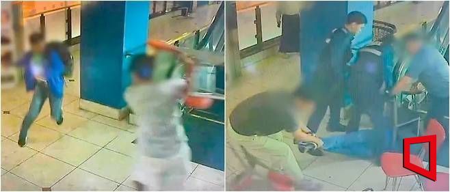 지난 13일 인천 남동구 구월동의 대형 상업시설 건물에서 시민들이 흉기 난동범을 제압하는 장면이 CCTV 영상에 담겨있다. 인천경찰청 제공