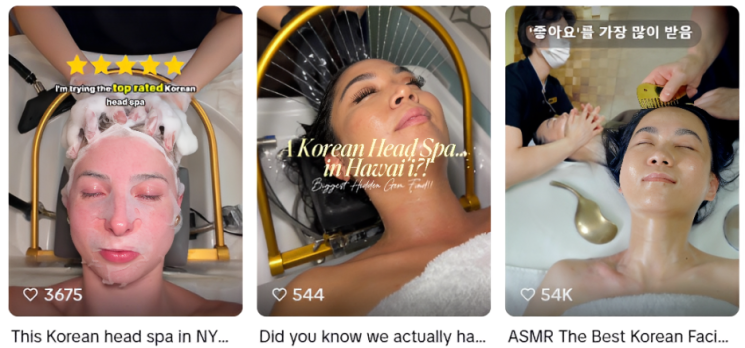 'Korean Head Spa'로 검색되는 최근 영상들. 두피 고민에 따라 헤드스파 코스를 추천해주고 있다. 틱톡 갈무리