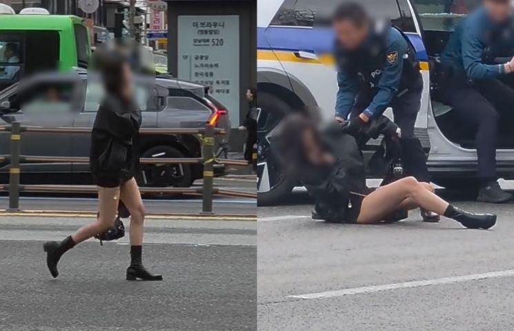 서울 강남 한복판 왕복 8차선 대로를 걸으며 술에 취해 소란을 피우던 여성이 신속히 출동한 경찰관들에 의해 구조됐다. 스레드 캡처