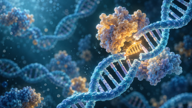 유전자 가위로 DNA 한 가닥의 짧은 구간을 잘라내고, 손상이 포함된 합성 DNA 조각(노란색)으로 교체하는 과정을 표현한 이미지. [AI제작 이미지]