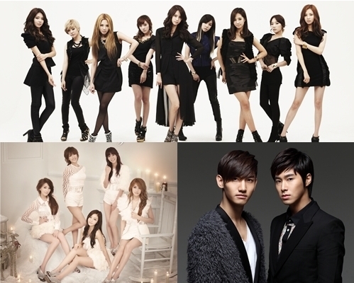 Girls' Generation (top), KARA (bottom left) and TVXQ (bottom right) [SM Entertainment/DSP Media] 

