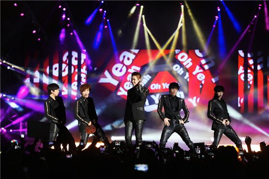 MBLAQ members G.O. (left), Lee Joon (second to left), Seung-ho (center), Mir (second to right) and  Cheon-dung (right) perform at the 2012 Asia Song Festival held during The Expo 2012 Yeosu Korea in Jeolla Province on August 4, 2012. [KOFICE]