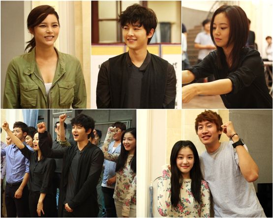 Actress Park Si-yeon (top left), actor Song Joong-ki (top center), actress Moon Chae-won (top right), actress Lee Yu-bi (bottom left) and actor Lee Kwang-soo (bottom right) attend the good luck ceremony of KBS' "Nice Guy" held in Paju, Gyeonggi Province on August 23, 2012. [YTree Media]