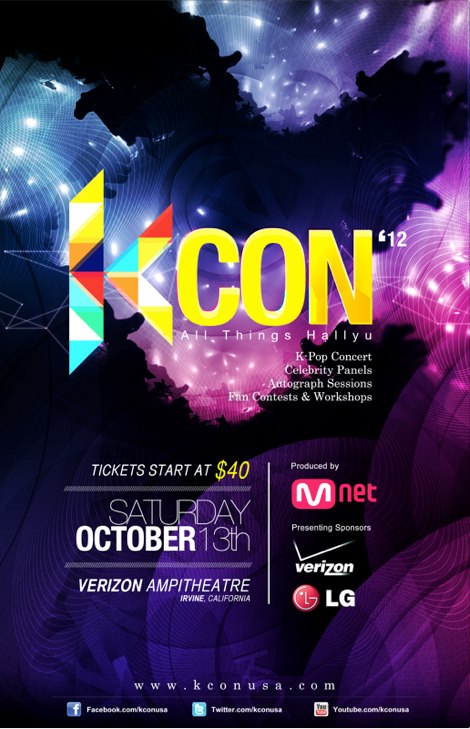 Official poster of the first Hallyu convention, KCON 2012, scheduled to be held at the Irvine Amphitheater in Irvine, California in the United States on October 13, 2012. [KCON 2012's official Facebook website]