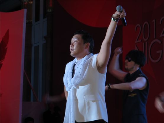 PSY performs at the "2012 LOTTE NIGHT PARTY" held at the Lotte Hotel in Busan, South Korea, on October 6, 2012. [Lee Hye-ji/10Asia]