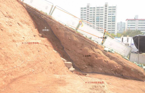 세계유산 대성동고분군에서 발견된 김해 고읍성 성벽 토층. 김해시청 제공