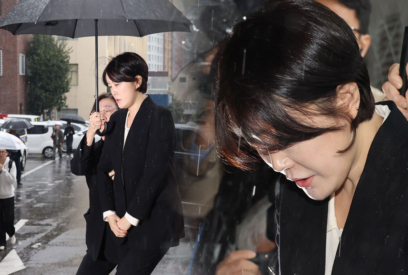 문씨가 취재진 앞에 고개를 숙일 때도 우산은 변호사 손에 들려 있었다. 사진=조용준 기자