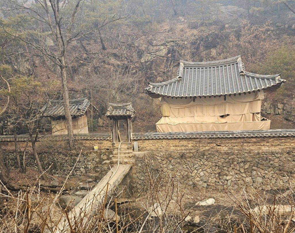 드라마 '미스터 션샤인' 촬영지로 알려진 경북 안동 만휴정(晩休亭)이 화마 속에 큰 피해를 보지 않은 것으로 확인됐다. 사진은 26일 경상북도 문화유산자료인 안동 만휴정 모습. 연합뉴스